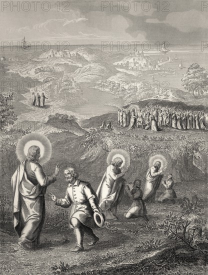 Jesus heals a deaf and mute man, New Testament, steel engraving 1853, digitally restored