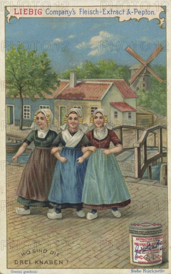 Series of search pictures, Where are the three boys, Liebig picture, digitally restored reproduction of a collector's picture from around 1900, public domain, exact date unknown, Three girls in traditional dress cross a bridge to a village