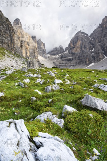 Cliffs and pinnacles in fog, Brenta Mountains, Brenta-Adamello Natural Park, Trentino, Italy