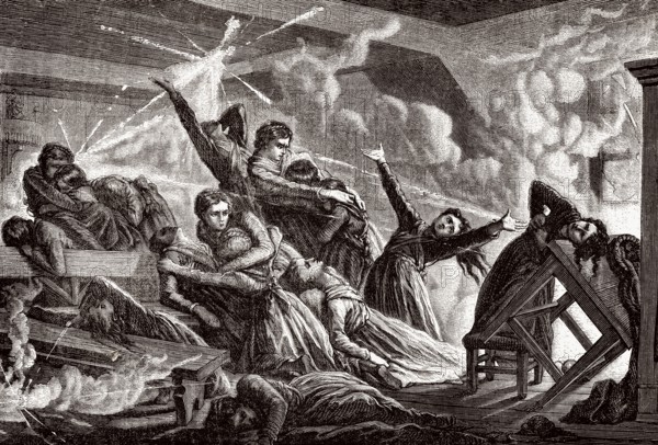 Schülerinnen in einem Klassenzimmer während der Belagerung und Bombardierung Straßburgs, 1870