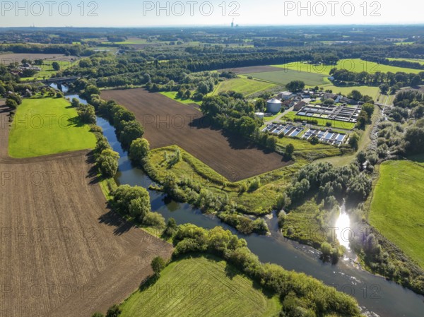 Datteln, North Rhine-Westphalia, Germany - Lippe landscape, wastewater treatment in the Datteln sewage treatment plant, KLA Dattelner Mühlenbach, right Dattelner Mühlenbach, in front of the restored Lippe river