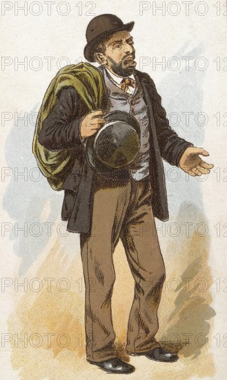 Viennese types by Ladislav Eugen Petrovits (1839, 1907), painter from Austria. Merchant Jew, Jewish trader, wanderer with rucksack seems to be engrossed in a soliloquy