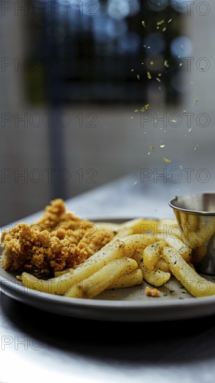 A close-up shot of crispy golden fries and crunchy chicken pieces on a plate. Fresh herbs are sprinkled above, creating a dynamic and appetizing cafe atmosphere