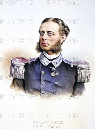 Maximilian Daublebsky Freiherr von Sterneck zu Ehrenstein (born 14 February 1829 in Klagenfurt, died 5 December 1897 in Vienna) was an admiral from the baronial family Daublebsky von Sterneck and from 1883 until his death commander of the Austro-Hungarian navy, Historical, digitally restored reproduction from a 19th century original, Record date not stated