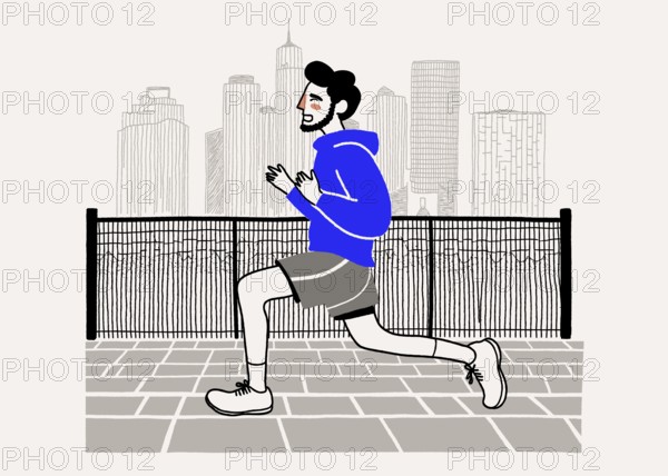 A stylized illustration of a man in a blue hoodie running along a city promenade. Skyscrapers loom in the background, capturing a vibrant urban lifestyle moment