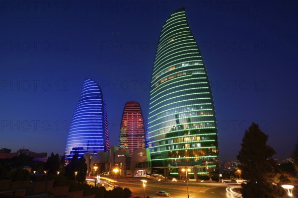 Azerbaijan, Baku, Flame Towers at night, Europe, Asia