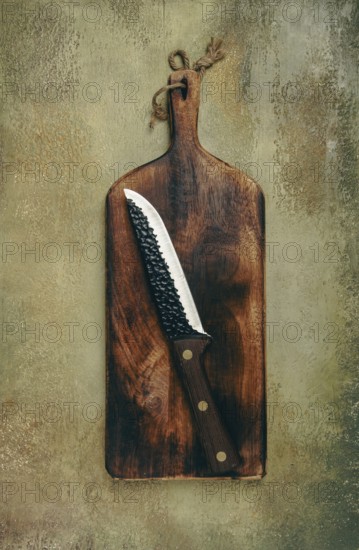 A rustic wooden cutting board displays a sharp knife resting diagonally. The textured background adds warmth to the kitchen atmosphere, inviting culinary creativity