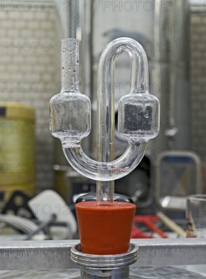 Fermentation tubes on sealed steel barrels for the fermentation of alcoholic beverages, Germany