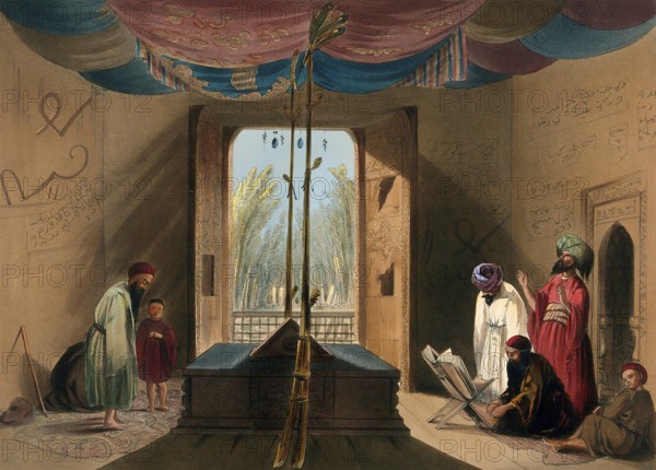 Mosque and tomb of the emperor Sooltaun Mahmood, of Ghuznee, R. Carrick lith., Day and son lithrs to the QueenWorshippers at the Mosque of Emperor Sultan Mahmood, Ghazni, Afghanistan. Coloured lithograph by R. Carrick after Lieutenant James Rattray, c. 1847.Rattray, James, 1818-1854