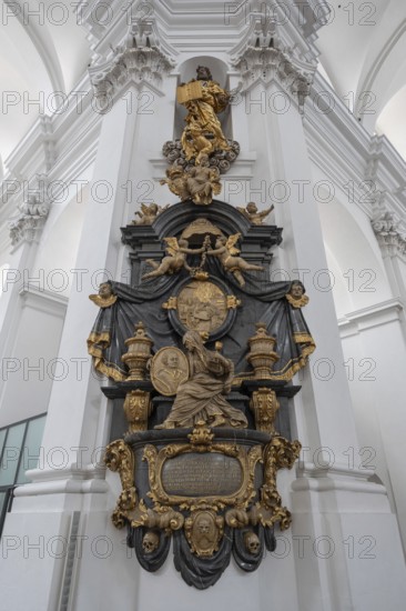 Monument to the founder of Haug Abbey, Heinrich I, Balthasar Esterbauer, 1708, Parish Church of St John, Hauk Abbey, built in 1691, Bahnhofstr. 4, Würzburg, Lower Franconia, Bavaria, Germany