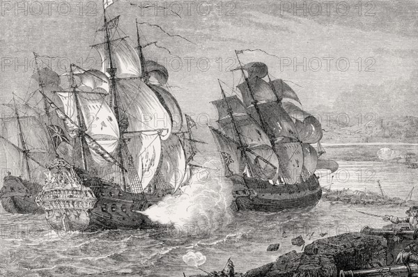 The merchant ship Mountjoy and the frigate HMS Dartmouth at the Great Siege of Londonderry, 1689, From British Battles on Land and Sea, by James Grant