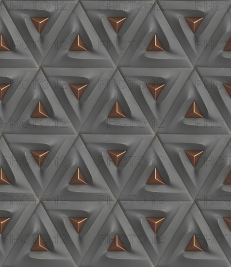 3D geometric pattern featuring triangular shapes with metallic accents. Ideal for modern wallpaper, interior design, and artistic illustration purposes