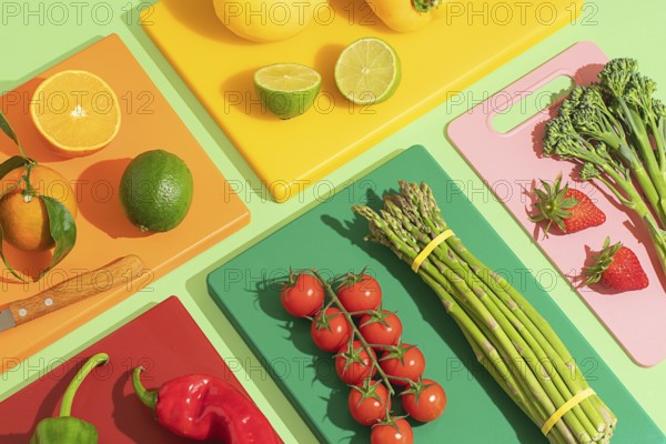 A vibrant display of fruits and vegetables on colorful cutting boards, featuring oranges, tomatoes, and asparagus. Each item is artfully arranged, creating a visually appealing composition