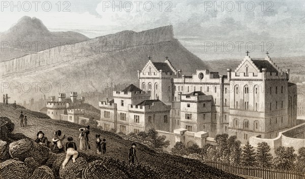 The new Bridewell, Salisbury Crags, and Arthur's Seat from Calton Hill, Edinburgh, Scotland, 19th century, from Modern Athens by Th. H. Shepherd