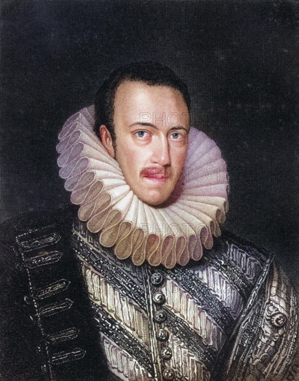 Philip Howard 20th Earl of Arundel, Earl of Surrey, 1557-1595, English nobleman who was canonised as one of the Forty Martyrs of England and Wales. From the book Lodges British Portraits, London 1823, Historical, digitally restored reproduction from a 19th century original, Record date not stated