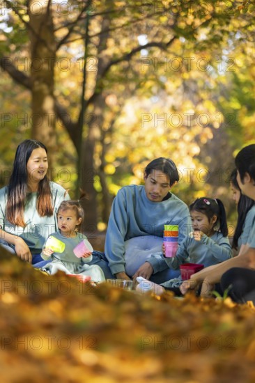 An Asian family enjoying a peaceful picnic surrounded by autumn foliage. They are sitting on a blanket in a park, sharing food and spending quality time together in the crisp fall air