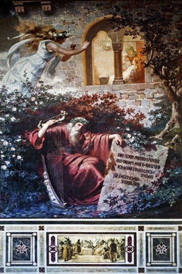 Sleeping Beauty is born, symbolic image for the long sleep and the awakening of the German Empire, mural by Hermann Wislicenus, Kaisersaal Goslar, Lower Saxony, Germany