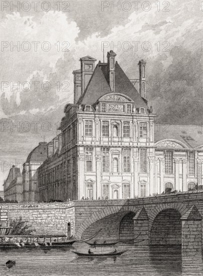 The Pavillon de Flore, near the Pont Royal, Paris, antique steel engraved print, 1831