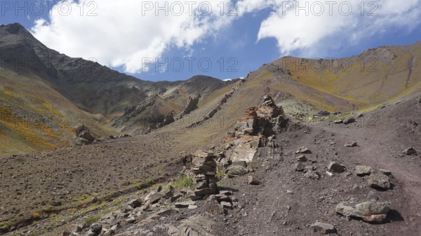 Rocky mountain landscape with rock formations under cloudy sky, trekking at Stok La Pass in Ladakh, Himalayas, India