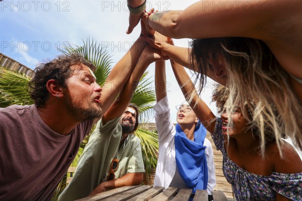 A multiethnic group of diverse friends raising hands together, symbolizing unity and joy on a sunny day They are enjoying each other's company in an outdoor setting