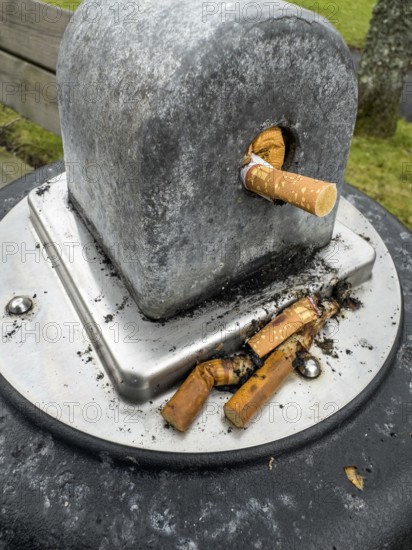 Public ashtray with cigarette butts outdoors in Ystad, Skåne County, Sweden, Scandinavia