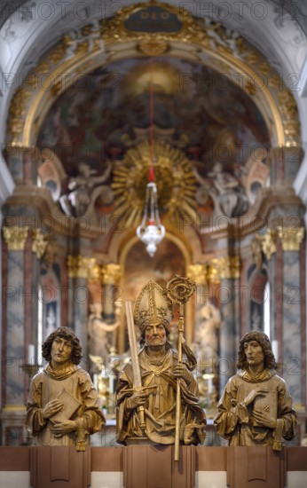 Interior view of the main altar with painting St John on Patmos by Johann Baptist Zimmermann, Neumünster parish church, Würzburg, Lower Franconia, Bavaria, Germany