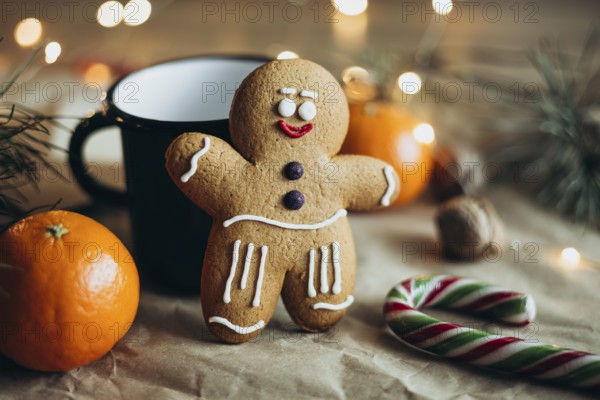 A delightful gingerbread man cookie adorned with icing stands beside a mug, surrounded by festive decor, including an orange, a candy cane, and holiday lights