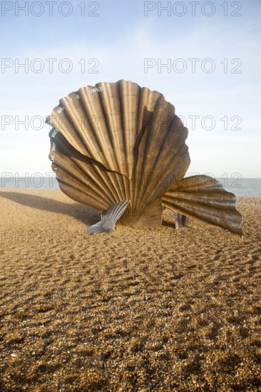 Scallop sculpture by artist Maggi Hambling, on shingle beach at Aldeburgh, Suffolk, England, United Kingdom