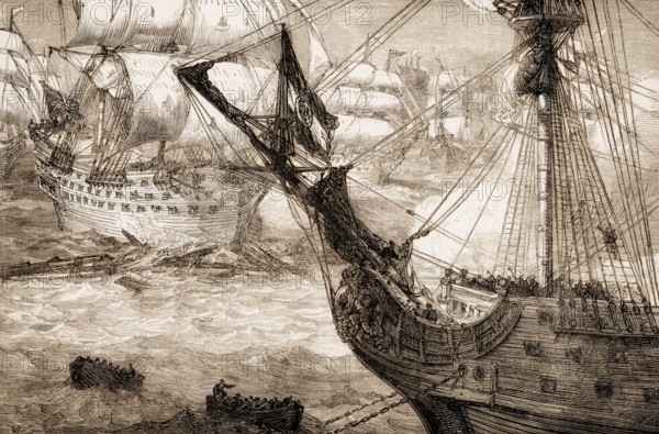 HMS Torbay at the Battle of Vigo Bay, 23 October 1702, From British Battles on Land and Sea, by James Grant