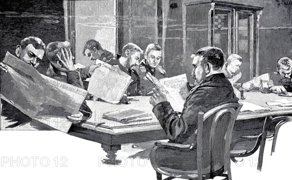 In the Seamen's House in Kiel, the reading room, 1890, Germany, illustration, reproduction from a model from the 19th century. Authentic, file restored for optimal use, exact date of submission unknown, Historical, Several men read and discuss newspapers together at a conference table