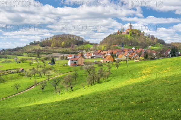 View of hilly landscape with the village of Seitenroda and Leuchtenburg in spring, in front a green meadow with yellow dandelion blossoms, near Kahla, Thuringia, Germany