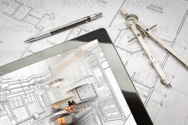 Computer Tablet Showing Kitchen Illustration On House Plans, Pencil, Compass