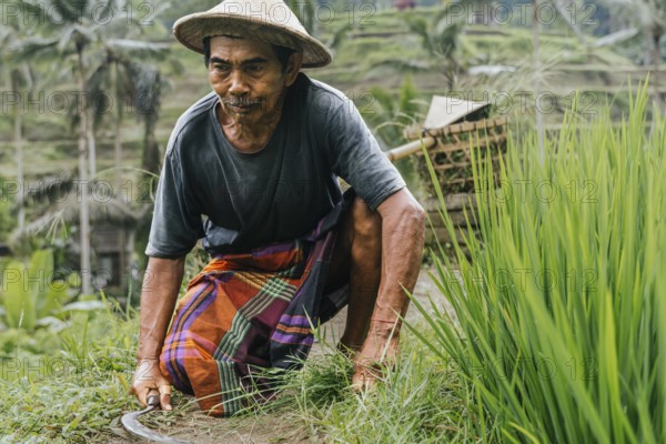 An Indonesian man works carefully in a lush rice field in Bali, showcasing traditional farming methods and attire, including a straw hat and a colorful sarong