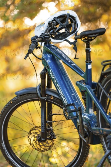 Close-up of a blue bicycle with helmet in the forest, e-bike, forest bike, Calw, district of Calw, Black Forest, Germany