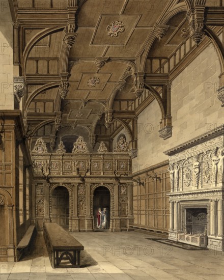 Interior view of the hall at Longleat the Seat of the Marquis of Bath, west of Warminster in Wiltshire, England, digitally restored reproduction of a 19th-century original by John Buckler, Record date not stated, Interior View of the hall at Longleat the Seat of the Marquis of Bath, west of Warminster in Wiltshire, digitally restored reproduction of a 19th-century original, Record date not stated