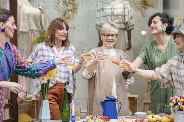 A cheerful group of women raise their glasses in a toast, surrounded by flowers and food. They stand outside a boutique, smiling and enjoying a festive gathering