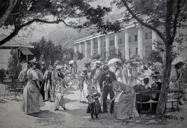 Noble people in front of the Kursaal in Bad Ragaz, 1890, Switzerland, illustration, reproduction of a model from the 19th century. Authentic, file restored for optimal use, exact date of submission unknown, Historic, Many people enjoy the day in a park in front of an imposing building