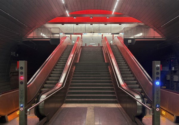 Artistically designed Lohring subway station with stairs and escalators, Bochum, North Rhine-Westphalia, Germany