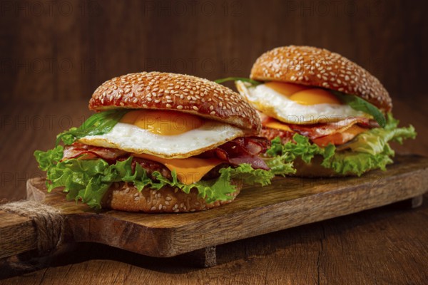 Two juicy burgers sit on a wooden board, each filled with lettuce, bacon, cheese, and fried eggs