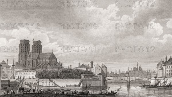 Panorama of Paris with Notre-Dame de Paris, antique steel engraved print, 1831