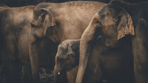 Three Asian elephants (elephas maximus) in a darker environment forming a unit, Pinnawela Elephant Orphanage, Sri Lanka