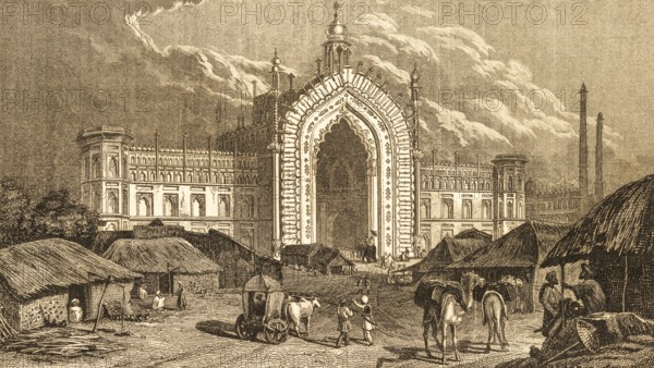 Rumi Darwaza, Lucknow, Uttar Pradesh, India, entrance gate, towers, Turkish model, built 1784, Awadhi architecture, huts, cattle, carriage, camels, transportation, people, steel engraving, historical illustration 1834