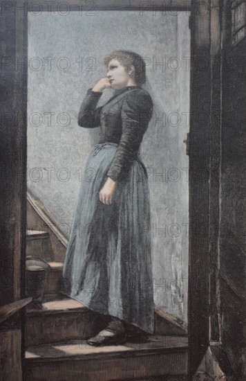 Sad woman standing on the stairs. Art supplement in the Zur Guten Stunde 1897, after a painting by Erich Bruntal, Heimatlos, Historisch, digitally restored reproduction of an original 19th century original