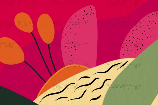 An abstract floral illustration featuring vibrant color blocks and stylized flower elements in shades of red, pink, and green