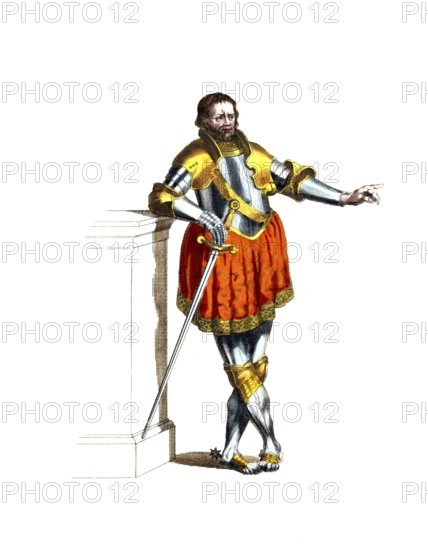 Historical clothing, fashion over time, Pierre du Terrail, Chevalier de Bayard (1476, 30 April 1524) was a French general, the knight without fear or reproach, digitally restored reproduction of an 18th/19th century model, exact date unknown, A knight leans casually against a pillar, wearing armour and red cloak