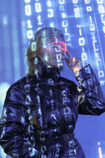 An elderly Asian woman engages with the metaverse, wearing futuristic glasses. Digital numbers illuminate her surroundings, symbolizing an immersive virtual experience