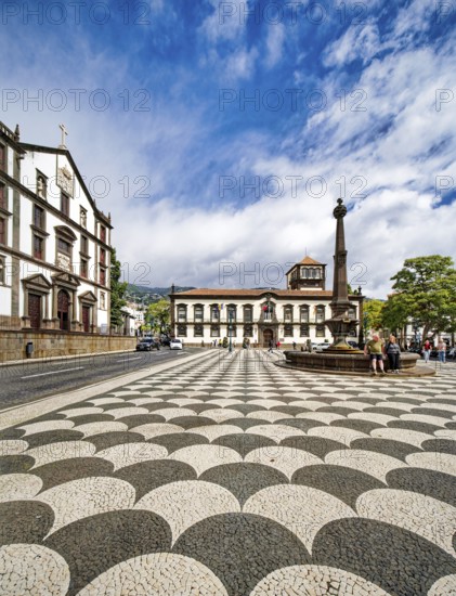 Town Hall and fountain at Praca do Municipio, Church of São João Evangelista, Igreja do Colégio, College Church, Jesuit Church, Funchal, Madeira, Portugal