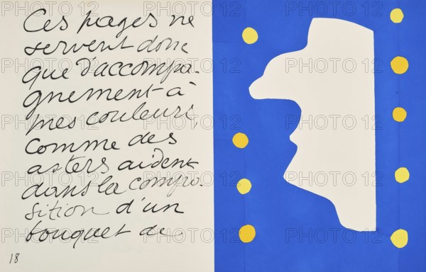 Henri Matisse, Henri Emile Benoit Matisse (born 31 December 1869, died 3 November 1954 in Cimiez), French painter, graphic artist, draughtsman, Classical Modernist. Here his work:, Monsieur Loyal (1947), Painting, Reproduction of the painting, Artwork, Historical, Abstract composition with handwritten text and blue form on white background