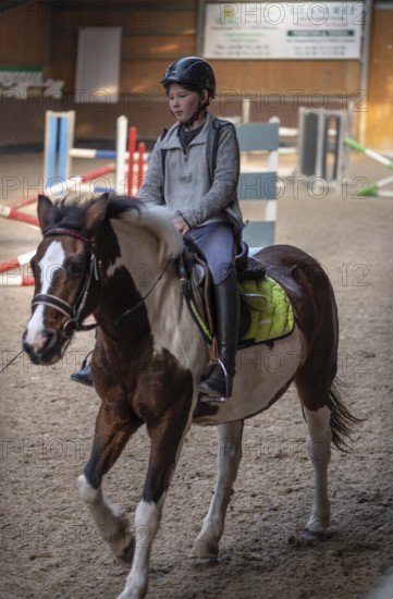 Little girl, 10 years old, on a horse in an indoor riding arena, Mecklenburg-Vorpommern, Germany