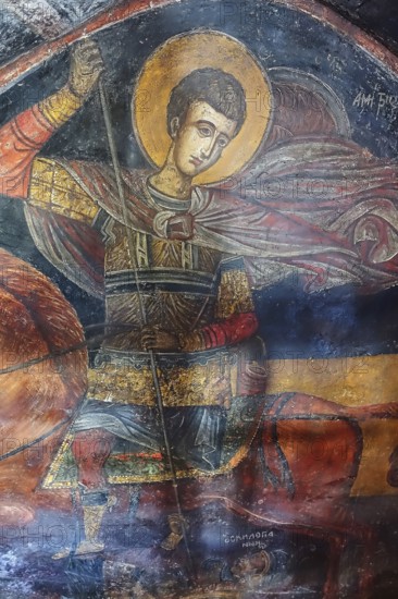 Medieval fresco of a saint in armour on a horse with halo, Asklipio village, Asklipion, Kimisis tis Theotokou church, Rhodes, Dodecanese, Greek Islands, Greece